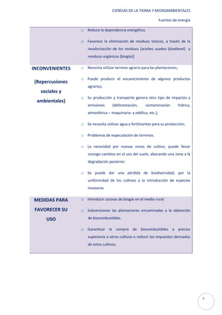 CIENCIAS DE LA TIERRA Y MEDIOAMBIENTALES

                                                                   Fuentes de energía

                 o Reduce la dependencia energética.

                 o Favorece la eliminación de residuos tóxicos, a través de la
                     revalorización de los residuos [aceites usados (biodiesel) y
                     residuos orgánicos (biogás)]

INCONVENIENTES   o Necesita utilizar terreno agrario para las plantaciones;

                 o Puede producir el encarecimiento de algunos productos
(Repercusiones
                     agrarios;
   sociales y
                 o Su producción y transporte genera otro tipo de impactos y
 ambientales)
                     emisiones      (deforestación,     contaminación         hídrica,
                     atmosférica – maquinaria- y edáfica, etc.);

                 o Se necesita utilizar agua y fertilizantes para su producción;

                 o Problemas de especulación de terrenos.

                 o La necesidad por nuevas zonas de cultivo, puede llevar
                     consigo cambios en el uso del suelo, abocando una zona a la
                     degradación posterior.

                 o Se puede dar una pérdida de biodiversidad, por la
                     uniformidad de los cultivos y la introducción de especies
                     invasoras.

MEDIDAS PARA     o Introducir cocinas de biogás en el medio rural.

 FAVORECER SU    o Subvencionar las plantaciones encaminadas a la obtención

     USO             de biocombustibles.

                 o Garantizar la compra de biocombustibles a precios
                     superiores a otros cultivos o reducir los impuestos derivados
                     de estos cultivos.




                                                                                         9
 