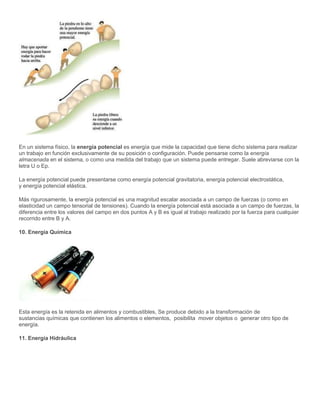 En un sistema físico, la energía potencial es energía que mide la capacidad que tiene dicho sistema para realizar
un trabajo en función exclusivamente de su posición o configuración. Puede pensarse como la energía
almacenada en el sistema, o como una medida del trabajo que un sistema puede entregar. Suele abreviarse con la
letra U o Ep.
La energía potencial puede presentarse como energía potencial gravitatoria, energía potencial electrostática,
y energía potencial elástica.
Más rigurosamente, la energía potencial es una magnitud escalar asociada a un campo de fuerzas (o como en
elasticidad un campo tensorial de tensiones). Cuando la energía potencial está asociada a un campo de fuerzas, la
diferencia entre los valores del campo en dos puntos A y B es igual al trabajo realizado por la fuerza para cualquier
recorrido entre B y A.
10. Energía Química
Esta energía es la retenida en alimentos y combustibles, Se produce debido a la transformación de
sustancias químicas que contienen los alimentos o elementos, posibilita mover objetos o generar otro tipo de
energía.
11. Energía Hidráulica
 