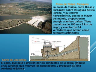 Presa de Itaipú, Paraguay
La presa de Itaipú, entre Brasil y
Paraguay, sobre las aguas del río
Paraná, y su central
hidroeléctrica, que es la mayor
del mundo, proporcionan
energía a ambos países. Tiene
una altura de 196 m y 8 km de
largo, y cuenta con 14
vertederos que actúan como
cataratas artificiales.
Corte de una presa
El agua, que baja a presión por los conductos de la presa, impulsa
unas turbinas que mueven los generadores y producen así una
corriente eléctrica.
 