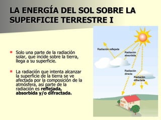 LA ENERGÍA DEL SOL SOBRE LA SUPERFICIE TERRESTRE I Solo una parte de la radiación solar, que incide sobre la tierra, llega a su superficie. La radiación que intenta alcanzar la superficie de la tierra se ve afectada por la composición de la atmósfera, así parte de la radiación es  reflejada, absorbida y/o difractada.  
