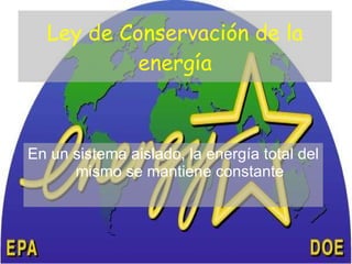 Ley de Conservación de la energía En un sistema aislado, la energía total del mismo se mantiene constante 