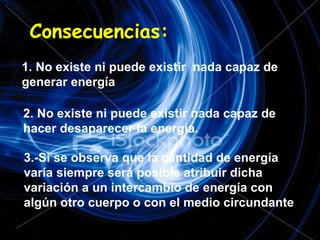 Consecuencias: 1. No existe ni puede existir  nada capaz de generar energía   2. No existe ni puede existir nada capaz de hacer desaparecer la energía.   3.-Si se observa que la cantidad de energía varía siempre será posible atribuir dicha variación a un intercambio de energía con algún otro cuerpo o con el medio circundante  