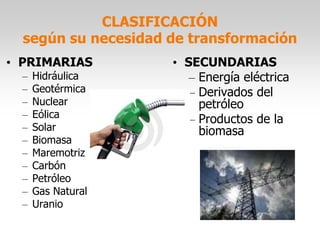 CLASIFICACIÓN
según su necesidad de transformación
• PRIMARIAS
– Hidráulica
– Geotérmica
– Nuclear
– Eólica
– Solar
– Biomasa
– Maremotriz
– Carbón
– Petróleo
– Gas Natural
– Uranio
• SECUNDARIAS
– Energía eléctrica
– Derivados del
petróleo
– Productos de la
biomasa
 