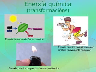 Enerxía química
(transformacións)
Enerxía luminosa do Sol en química
Enerxía química dos alimentos en
cinética (movemento muscular)
Enerxía química do gas do mechero en térmica
 