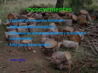 Inconvenientes Explotación recursos naturales Baja densidad energética Sistemas de almacenamiento y transporte muy grandes Esta poco desarrollada Volver a índice 