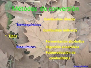 Métodos  de conversión Combustión directa Termoquímicos   Combustión indirecta Tipos   Fermentación alcoholica Bioquímicos   Digestión anaeróbica Fotoproducción de combustibles Volver al  í ndice 
