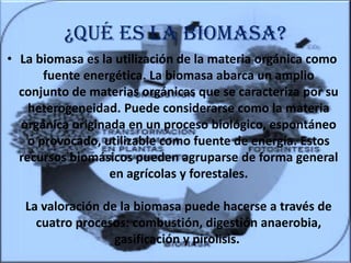 ¿QUÉ ES LA BIOMASA?
• La biomasa es la utilización de la materia orgánica como
fuente energética. La biomasa abarca un amplio
conjunto de materias orgánicas que se caracteriza por su
heterogeneidad. Puede considerarse como la materia
orgánica originada en un proceso biológico, espontáneo
o provocado, utilizable como fuente de energía. Estos
recursos biomásicos pueden agruparse de forma general
en agrícolas y forestales.
La valoración de la biomasa puede hacerse a través de
cuatro procesos: combustión, digestión anaerobia,
gasificación y pirolisis.

 