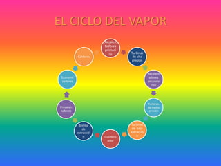EL CICLO DEL VAPOR
Recalen
tadores
primari
os Turbinas
de alta
presión
Recalent
adores
secunda
rios
Turbinas
de media
presión
Turbinas
de baja
extracció
nCondens
ador
Bomba
de
extracció
n
Precalen
tadores
Economi
zadores
Calderas
 