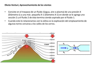 Efecto Venturi, Aprovechamiento de los vientosConsiste en el traspaso de un fluido 1(agua, aire o plasma) de una presión X (Diámetro x) a una más  pequeña X-1 (Diámetro X-1) en donde se le agrega una sección 2 y el fluido 2 de ésta termina siendo aspirado por el fluido 1.Cuando esto lo relacionamos con la eólica es la explicación del emplazamiento de algunas torres cercanas a los valles de los cerros.