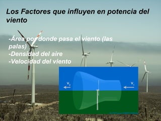 Los Factores que influyen en potencia del viento   -Área por donde pasa el viento (las palas) -Densidad del aire  -Velocidad del viento   