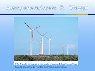 E.M.P es la empresa a cargo del manejo del parque eólico,
bajo la asesoría de Nordex (Compañía Alemana).
 