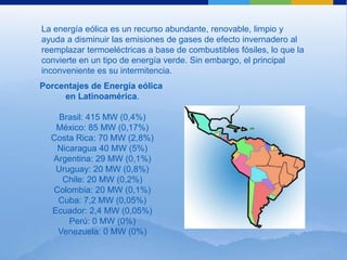 La energía eólica es un recurso abundante, renovable, limpio y
ayuda a disminuir las emisiones de gases de efecto invernadero al
reemplazar termoeléctricas a base de combustibles fósiles, lo que la
convierte en un tipo de energía verde. Sin embargo, el principal
inconveniente es su intermitencia.
Porcentajes de Energía eólica
     en Latinoamérica.

    Brasil: 415 MW (0,4%)
   México: 85 MW (0,17%)
  Costa Rica: 70 MW (2,8%)
   Nicaragua 40 MW (5%)
  Argentina: 29 MW (0,1%)
   Uruguay: 20 MW (0,8%)
     Chile: 20 MW (0,2%)
  Colombia: 20 MW (0,1%)
   Cuba: 7,2 MW (0,05%)
  Ecuador: 2,4 MW (0,05%)
      Perú: 0 MW (0%)
   Venezuela: 0 MW (0%)
 