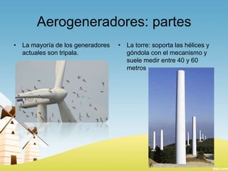 Aerogeneradores: partes
• La mayoría de los generadores
actuales son tripala.

• La torre: soporta las hélices y
góndola con el mecanismo y
suele medir entre 40 y 60
metros

 