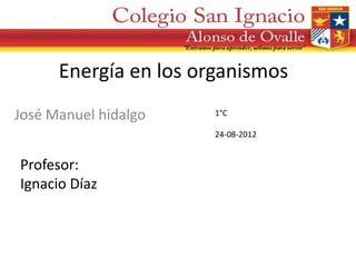 Energía en los organismos
José Manuel hidalgo    1°C

                       24-08-2012


Profesor:
Ignacio Díaz
 