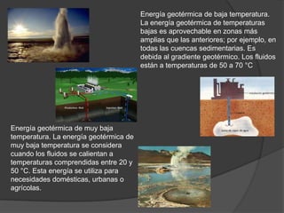 Energía geotérmica de baja temperatura.
                                        La energía geotérmica de temperaturas
                                        bajas es aprovechable en zonas más
                                        amplias que las anteriores; por ejemplo, en
                                        todas las cuencas sedimentarias. Es
                                        debida al gradiente geotérmico. Los fluidos
                                        están a temperaturas de 50 a 70 °C




Energía geotérmica de muy baja
temperatura. La energía geotérmica de
muy baja temperatura se considera
cuando los fluidos se calientan a
temperaturas comprendidas entre 20 y
50 °C. Esta energía se utiliza para
necesidades domésticas, urbanas o
agrícolas.
 