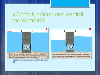 ¿Cómo funciona una central
mareomotriz?
https://www.youtube.com/watch?v=g0wLlI6ev
Y8
 