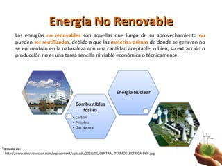 Energía No Renovable Las energías  no renovables  son aquellas que luego de su aprovechamiento  no  pueden  ser reutilizad...