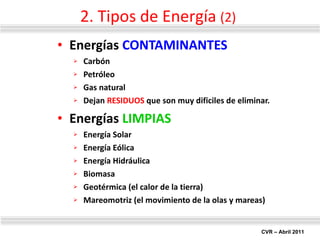 Energías  CONTAMINANTES Carbón  Petróleo Gas natural Dejan  RESIDUOS  que son muy dificiles de eliminar. Energías  LIMPIAS Energía Solar  Energía Eólica Energía Hidráulica Biomasa Geotérmica (el calor de la tierra) Mareomotriz (el movimiento de la olas y mareas) 2. Tipos de Energía  (2) 