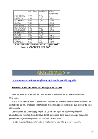 La zona muerta de Chernobyl tiene indicios de que allí hay vida


  Yana Makárova - Rustam Buzánov (RIA NOVOSTI)


  Hace 25 años, el 26 de abril de 1986, ocurrió el accidente en la Central nuclear de
Chernobyl.
  Hoy la zona de exclusión, o zona muerta, establecida inmediatamente tras la explosión en
un radio de 30 Km. alrededor de la Central, muestra no pocos indicios de que a pesar de todo,
allí hay vida.
  Las ciudades de Chernobyl y Pripiat (a 3,5 Km. del lugar del accidente) no están
absolutamente muertas. Con el motivo del 25 aniversario de la catástrofe, aquí frecuentan
periodistas y agencias organizan excursiones para turistas.
  No sólo la curiosidad, sino también la nostalgia impulsa a la gente a volver allí.




                                                                                             37
 