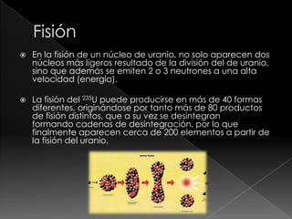    En la fisión de un núcleo de uranio, no solo aparecen dos
    núcleos más ligeros resultado de la división del de uranio,
    sino que además se emiten 2 o 3 neutrones a una alta
    velocidad (energía).

   La fisión del 235U puede producirse en más de 40 formas
    diferentes, originándose por tanto más de 80 productos
    de fisión distintos, que a su vez se desintegran
    formando cadenas de desintegración, por lo que
    finalmente aparecen cerca de 200 elementos a partir de
    la fisión del uranio.
 