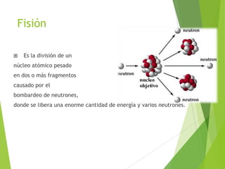 Fisión
 Es la división de un
núcleo atómico pesado
en dos o más fragmentos
causado por el
bombardeo de neutrones,
donde se libera una enorme cantidad de energía y varios neutrones.
 