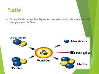 Fusión
 Es la unión de dos núcleos ligeros en uno más pesado, obteniéndose más
energía que en la Fisión.
 