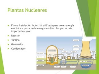 Plantas Nucleares
 Es una instalación industrial utilizada para crear energía
eléctrica a partir de la energía nuclear. Sus partes más
importantes son :
 Reactor
 Turbina
 Generador
 Condensador
 
