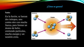 ¿Cómo se genera?
Fusión:
En la fusión, se lanzan
dos isótopos, uno
contra otro con mucha
fuerza, para formar un
átomo de helio,
emitiendo partículas,
mucha energía y un
neutrón extra.
 
