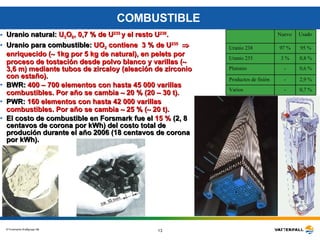 COMBUSTIBLE  Uranio natural:  U 3 O 8 , 0,7 % de U 235  y el resto U 238 . Uranio para combustible:  UO 2  contiene  3 % de U 235     enriquecido (   1kg por 5 kg de natural), en pelets por proceso de tostación desde polvo blanco y varillas (   3,6 m) mediante tubos de zircaloy (aleación de zirconio con estaño). BWR:  400 – 700 elementos con hasta 45 000 varillas combustibles. Por año se cambia    20 % (20 – 30 t). PWR:  160 elementos con hasta 42 000 varillas  combustibles. Por año se cambia    25 % (   20 t). El costo de combustible en Forsmark fue el  15 %  (2, 8 centavos de corona por kWh) del costo total de produción durante el año 2006 (18 centavos de corona por kWh). 0,7 % - Varios 2,9 % - Productos de fisión 0,6 % - Plutonio  0,8 % 3 % Uranio 235 95 % 97 % Uranio 238 Usado Nuevo 