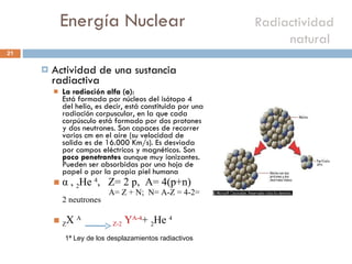 Energía Nuclear    Radiactividad natural  Actividad de una sustancia radiactiva La radiación alfa (a) : Está formada por núcleos del isótopo 4 del helio, es decir, está constituida por una radiación corpuscular, en la que cada corpúsculo está formado por dos protones y dos neutrones. Son capaces de recorrer varios cm en el aire (su velocidad de salida es de 16.000 Km/s). Es desviada por campos eléctricos y magnéticos. Son  poco penetrantes  aunque muy ionizantes. Pueden ser absorbidas por una hoja de papel o por la propia piel humana α ,  2 He  4 ,  Z= 2 p,  A= 4(p+n)   A= Z + N;  N= A-Z = 4-2= 2 neutrones  Z X  A  Z-2  Y A-4 +  2 He  4   1ª Ley de los desplazamientos radiactivos 