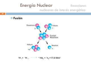 Energía Nuclear    Reacciones nucleares de interés energético  Fusión 2 H  1 +  3 H  1   4  He 2  +  1 n 0  +17,6 MeV 