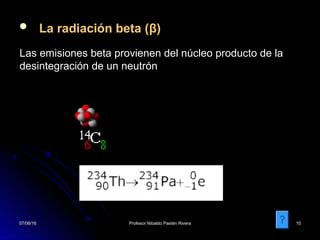 07/06/1607/06/16 Profesor Nibaldo Pastén RiveraProfesor Nibaldo Pastén Rivera 1010
 La radiación beta (β)
07/06/1607/06/16 1010
Las emisiones beta provienen del núcleo producto de la
desintegración de un neutrón
 