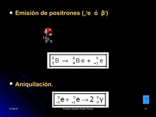 07/06/1607/06/16 Profesor Nibaldo Pastén RiveraProfesor Nibaldo Pastén Rivera 1212
 Emisión de positrones (+1
0
e ó β+
)
 Aniquilación..
07/06/1607/06/16 1212
 