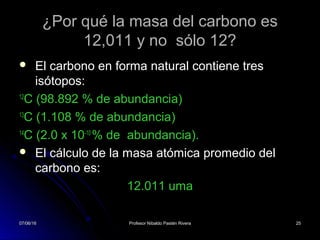 07/06/1607/06/16 Profesor Nibaldo Pastén RiveraProfesor Nibaldo Pastén Rivera 2525
¿Por qué la masa del carbono es
12,011 y no sólo 12?
 El carbono en forma natural contiene tres
isótopos:
12
C (98.892 % de abundancia)
13
C (1.108 % de abundancia)
14
C (2.0 x 10-10
% de abundancia).
 El cálculo de la masa atómica promedio del
carbono es:
12.011 uma
 