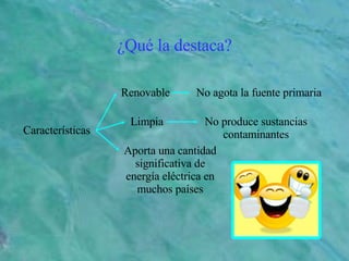 ¿Qué la destaca? Características Renovable No agota la fuente primaria Limpia No produce sustancias contaminantes Aporta una cantidad significativa de energía eléctrica en muchos países 