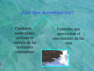 ¿Qué tipos de centrales hay? Centrales sumergidas: utilizan la energía de las corrientes submarinas Centrales que aprovechan el movimiento de las olas 