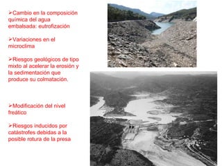 Cambio en la composición química del agua embalsada: eutrofización Variaciones en el microclima Riesgos geológicos de tipo mixto al acelerar la erosión y la sedimentación que produce su colmatación. Modificación del nivel freático Riesgos inducidos por catástrofes debidas a la posible rotura de la presa 