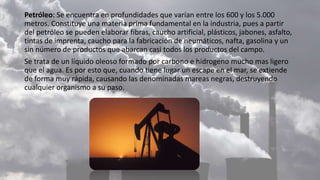 Petróleo: Se encuentra en profundidades que varían entre los 600 y los 5.000
metros. Constituye una materia prima fundamental en la industria, pues a partir
del petróleo se pueden elaborar fibras, caucho artificial, plásticos, jabones, asfalto,
tintas de imprenta, caucho para la fabricación de neumáticos, nafta, gasolina y un
sin número de productos que abarcan casi todos los productos del campo.
Se trata de un líquido oleoso formado por carbono e hidrogeno mucho mas ligero
que el agua. Es por esto que, cuando tiene lugar un escape en el mar, se extiende
de forma muy rápida, causando las denominadas mareas negras, destruyendo
cualquier organismo a su paso.
 