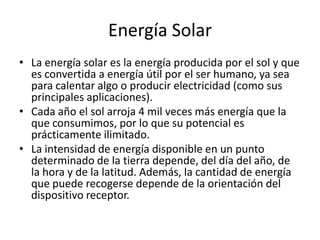 Para generar la electricidad se usan las células solares, las cuales son el alma de lo que se conoce como paneles solares, las cuales son las encargadas de transformarla energía eléctrica.Sus usos no se limitan a los mencionados aquí, pero estas dos utilidades son las más importantes. Otros usos de la energía solar son:Potabilizar agua Estufas Solares Secado Evaporación Destilación Refrigeración 