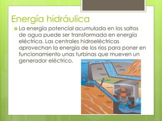 Energía hidráulica
 La energía potencial acumulada en los saltos
de agua puede ser transformada en energía
eléctrica. Las centrales hidroeléctricas
aprovechan la energía de los ríos para poner en
funcionamiento unas turbinas que mueven un
generador eléctrico.
 