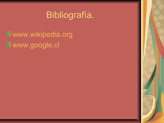 Bibliografía.

www.wikipedia.org
www.google.cl
 