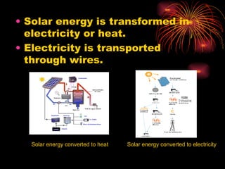 Solar energy is transformed in electricity or heat. Electricity is transported through wires. Solar energy converted to heat Solar energy converted to electricity 