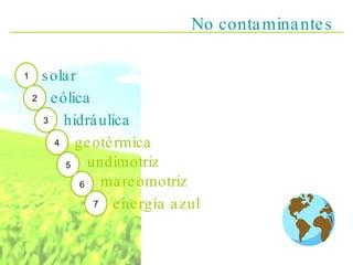No contaminantes solar eólica hidráulica geotérmica undimotriz mareomotriz energía azul 1 2 3 4 5 6 7 