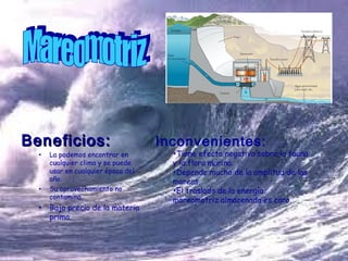 Beneficios:
•

•

•

La podemos encontrar en
cualquier clima y se puede
usar en cualquier época del
año.
Su aprovechamiento no
contamina.

Bajo precio de la materia
prima.

Inconvenientes:

•Tiene efecto negativo sobre la fauna
y la flora marina.
•Depende mucho de la amplitud de las
mareas.
•El traslado de la energía
mareomotriz almacenada es caro.

 