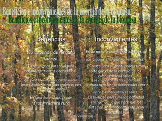 Beneficios

Inconvenientes

No depende de ninguna
fuerza.

Es de menor rendimiento energético

Tiene un gran potencial para
rehabilitar tierras degradadas.

que algunas energías no renovables.
El costo para su producción es mas
alto que el de la energía de los
combustibles fósiles.

Se evita la contaminación del medio
aprovechando los residuos orgánicos para
la obtención de energía.

Los canales de distribución de la
biomasa no están tan desarrolados como

Es una forma de crear
infraestructura rural.

La biomasa posee menor densidad
energética, lo que hace que los
sistemas de almacenamiento sean
mayores.

los de los combustibles fósiles.

Elena Vesperinas

8

 