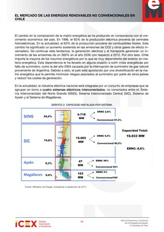 EL MERCADO DE LAS ENERGÍAS RENOVABLES NO CONVENCIONALES EN
CHILE
14141414
Oficina Económica y Comercial
de la Embajada de España
en Santiago de Chile
El cambio en la composición de la matriz energética se ha producido en consonancia con el cre-
cimiento económico del país. En 1996, el 65% de la producción eléctrica provenía de centrales
hidroeléctricas. En la actualidad, el 62% de la producción proviene de combustibles fósiles. Este
cambio ha significado un aumento sostenido en las emisiones de CO2 y otros gases de efecto in-
vernadero. De continuar esta tendencia, la generación eléctrica y el transporte generarán un in-
cremento de las emisiones de un 360% en el año 2030 con respecto a 2012. Por otro lado, Chile
importa la mayoría de los insumos energéticos por lo que es muy dependiente del exterior en ma-
teria energética. Esta dependencia le ha llevado en alguna ocasión a sufrir crisis energéticas por
falta de suministro, como la del año 2004 causada por la interrupción de suministro de gas natural
proveniente de Argentina. Debido a esto, el país está apostando por una diversificación en la ma-
triz energética que le permita minimizar riesgos asociados al suministro por parte de otros países
y reducir los costes de generación.
En la actualidad, la industria eléctrica nacional está integrada por un conjunto de empresas que se
agrupan en torno a cuatro sistemas eléctricos interconectadoscuatro sistemas eléctricos interconectadoscuatro sistemas eléctricos interconectadoscuatro sistemas eléctricos interconectados, no conectados entre sí:::: Siste-
ma Interconectado del Norte Grande (SING), Sistema Interconectado Central (SIC), Sistema de
Aysén y el Sistema de Magallanes.
GRÁFICO 2:GRÁFICO 2:GRÁFICO 2:GRÁFICO 2: CAPACIDAD INSTALADA POR SISTEMACAPACIDAD INSTALADA POR SISTEMACAPACIDAD INSTALADA POR SISTEMACAPACIDAD INSTALADA POR SISTEMA
Fuente: Ministerio de Energía. Actualizado a septiembre de 2014.
4.718
MW
15.065
MW
47
MW
103
MW
ERNC 9,5%
ERNC 2,8%
Convencional 90,5%
Convencional 97,2%
Convencional 54%
ERNC 0%
ERNC 46%
Convencional100%%
Capacidad Total:
19.933 MW
ERNC: 8,6%
24,4%
74,8%
0,3%
0,6%
 
