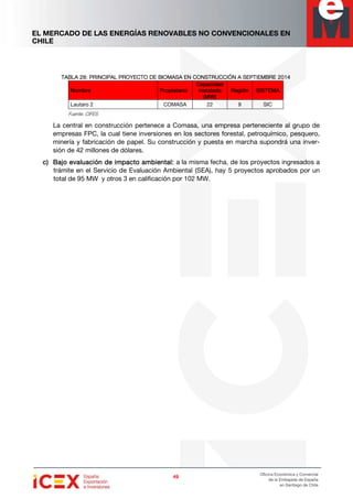 EL MERCADO DE LAS ENERGÍAS RENOVABLES NO CONVENCIONALES EN
CHILE
49494949
Oficina Económica y Comercial
de la Embajada de España
en Santiago de Chile
TABLA 28:TABLA 28:TABLA 28:TABLA 28: PRINCIPAL PROYECTOPRINCIPAL PROYECTOPRINCIPAL PROYECTOPRINCIPAL PROYECTO DE BIOMASA EN CONSTRUCCIÓN ADE BIOMASA EN CONSTRUCCIÓN ADE BIOMASA EN CONSTRUCCIÓN ADE BIOMASA EN CONSTRUCCIÓN A SEPTIEMBRESEPTIEMBRESEPTIEMBRESEPTIEMBRE 2014201420142014
NombreNombreNombreNombre PropietarioPropietarioPropietarioPropietario
CapacidadCapacidadCapacidadCapacidad
instaladainstaladainstaladainstalada
(MW)(MW)(MW)(MW)
RegiónRegiónRegiónRegión SISTEMASISTEMASISTEMASISTEMA
Lautaro 2 COMASA 22 9 SIC
Fuente: CIFES
La central en construcción pertenece a Comasa, una empresa perteneciente al grupo de
empresas FPC, la cual tiene inversiones en los sectores forestal, petroquímico, pesquero,
minería y fabricación de papel. Su construcción y puesta en marcha supondrá una inver-
sión de 42 millones de dólares.
c)c)c)c) Bajo evaluación de impacto ambientalBajo evaluación de impacto ambientalBajo evaluación de impacto ambientalBajo evaluación de impacto ambiental:::: a la misma fecha, de los proyectos ingresados a
trámite en el Servicio de Evaluación Ambiental (SEA), hay 5 proyectos aprobados por un
total de 95 MW y otros 3 en calificación por 102 MW.
 