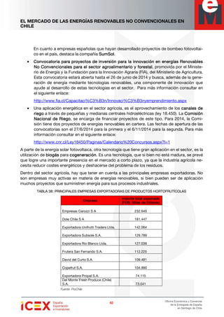 EL MERCADO DE LAS ENERGÍAS RENOVABLES NO CONVENCIONALES EN
CHILE
62626262
Oficina Económica y Comercial
de la Embajada de España
en Santiago de Chile
En cuanto a empresas españolas que hayan desarrollado proyectos de bombeo fotovoltai-
co en el país, destaca la compañía SumSolSumSolSumSolSumSol.
• Convocatoria paraConvocatoria paraConvocatoria paraConvocatoria para proyectos de inversión para la innovación en eproyectos de inversión para la innovación en eproyectos de inversión para la innovación en eproyectos de inversión para la innovación en energías Renovanergías Renovanergías Renovanergías Renovablesblesblesbles
No Convencionales pNo Convencionales pNo Convencionales pNo Convencionales para el sector agroalimentario y fara el sector agroalimentario y fara el sector agroalimentario y fara el sector agroalimentario y forestalorestalorestalorestal, promovida por el Ministe-
rio de Energía y la Fundación para la Innovación Agraria (FIA), del Ministerio de Agricultura.
Esta convocatoria estará abierta hasta el 26 de junio de 2014 y busca, además de la gene-
ración de energía mediante tecnologías renovables, una componente de innovación que
ayude al desarrollo de estas tecnologías en el sector. Para más información consultar en
el siguiente enlace:
http://www.fia.cl/Capacitaci%C3%B3n/Innovaci%C3%B3nyemprendimiento.aspx
• Una aplicación energética en el sector agrícola, es el aprovechamiento de los canales decanales decanales decanales de
riegoriegoriegoriego a través de pequeñas y medianas centrales hidroeléctricas (ley 18.450). La ComisiónComisiónComisiónComisión
Nacional de RiegoNacional de RiegoNacional de RiegoNacional de Riego, se encarga de financiar proyectos de este tipo. Para 2014, la Comi-
sión tiene dos proyectos de energías renovables en cartera. Las fechas de apertura de las
convocatorias son el 27/6/2014 para la primera y el 6/11/2014 para la segunda. Para más
información consultar en el siguiente enlace:
http://www.cnr.cl/Ley18450/Paginas/Calendario%20Concursos.aspx?I=1
A parte de la energía solar fotovoltaica, otra tecnología que tiene gran aplicación en el sector, es la
utilización de biogásbiogásbiogásbiogás para cogeneracióncogeneracióncogeneracióncogeneración. Es una tecnología, que si bien no está madura, se prevé
que logre una importante presencia en el mercado a corto plazo, ya que la industria agrícola ne-
cesita reducir costes energéticos y deshacerse del problema de los residuos.
Dentro del sector agrícola, hay que tener en cuenta a las principales empresas exportadoras. No
son empresas muy activas en materia de energías renovables, si bien pueden ser de aplicación
muchos proyectos que suministren energía para sus procesos industriales.
TABLA 38: PRINCIPALES EMPRESAS EXPORTADORTABLA 38: PRINCIPALES EMPRESAS EXPORTADORTABLA 38: PRINCIPALES EMPRESAS EXPORTADORTABLA 38: PRINCIPALES EMPRESAS EXPORTADORAS DE PRODUCTOS HORTOFRUTÍCOLASAS DE PRODUCTOS HORTOFRUTÍCOLASAS DE PRODUCTOS HORTOFRUTÍCOLASAS DE PRODUCTOS HORTOFRUTÍCOLAS
EmpresaEmpresaEmpresaEmpresa
Importe total exportadoImporte total exportadoImporte total exportadoImporte total exportado
(FOB. Miles de Dólares)(FOB. Miles de Dólares)(FOB. Miles de Dólares)(FOB. Miles de Dólares)
Empresas Carozzi S A 232.649
Dole Chile S A 181.447
Exportadora Unifrutti Traders Ltda. 142.064
Exportadora Subsole S.A. 129.789
Exportadora Río Blanco Ltda. 127.039
Frutera San Fernando S.A. 112.225
David del Curto S.A. 109.481
Copefrut S.A. 104.990
Exportadora Propal S.A. 74.115
Del Monte Fresh Produce (Chile)
S.A. 73.041
Fuente: ProChile
 