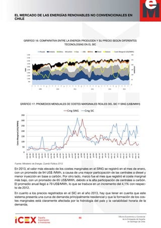 EL MERCADO DE LAS ENERGÍAS RENOVABLES NO CONVENCIONALES EN
CHILE
65656565
Oficina Económica y Comercial
de la Embajada de España
en Santiago de Chile
GRÁFICO 16GRÁFICO 16GRÁFICO 16GRÁFICO 16:::: COMPARATIVACOMPARATIVACOMPARATIVACOMPARATIVA ENTRE LA ENERGÍA PRODUCIDA Y SU PRECIO SEGÚN DIFERENTESENTRE LA ENERGÍA PRODUCIDA Y SU PRECIO SEGÚN DIFERENTESENTRE LA ENERGÍA PRODUCIDA Y SU PRECIO SEGÚN DIFERENTESENTRE LA ENERGÍA PRODUCIDA Y SU PRECIO SEGÚN DIFERENTES
TECONOLOGÍAS EN EL SICTECONOLOGÍAS EN EL SICTECONOLOGÍAS EN EL SICTECONOLOGÍAS EN EL SIC
GRÁFICO 1GRÁFICO 1GRÁFICO 1GRÁFICO 17777: PROMEDIOS MENSUALES DE COSTES MARGINALES REALES DEL SIC Y SING (US$/MWH): PROMEDIOS MENSUALES DE COSTES MARGINALES REALES DEL SIC Y SING (US$/MWH): PROMEDIOS MENSUALES DE COSTES MARGINALES REALES DEL SIC Y SING (US$/MWH): PROMEDIOS MENSUALES DE COSTES MARGINALES REALES DEL SIC Y SING (US$/MWH)
Fuente: Ministerio de Energía. Cuenta Pública 2013.
En 2013, el valor más elevado de los costes marginales en el SING se registró en el mes de enero,
con un promedio de 94 US$ /MWh, a causa de una mayor participación de las centrales a diesel y
menor inyección en base a carbón. Por otro lado, marzo fue el mes que registró el coste marginal
más bajo, con un promedio de 65 US$/MWh, debido a la alta participación de centrales a carbón.
El promedio anual llegó a 79 US$/MWh, lo que se traduce en un incremento del 4,1% con respec-
to de 2012.
En cuanto a los precios registrados en el SIC en el año 2013, hay que tener en cuenta que este
sistema presenta una curva de demanda principalmente residencial y que la formación de los cos-
tes marginales está claramente afectada por la hidrología del país y la variabilidad horaria de la
demanda.
 