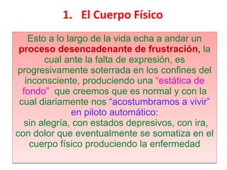 El Cuerpo Físico Esto a lo largo de la vida echa a andar un  proceso desencadenante de frustración ,  la cual ante la falta de expresión, es progresivamente soterrada en los confines del inconsciente, produciendo una  “estática de fondo”   que creemos que es normal y con la cual diariamente nos  “acostumbramos a vivir” en piloto automático: sin alegría, con estados depresivos, con ira, con dolor que eventualmente se somatiza en el cuerpo físico produciendo la enfermedad 